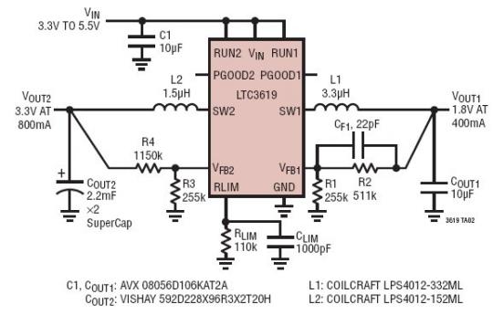 3.3V  5.5V ݔ (500mA ^ֵ) o 4.4mF (j) (3.3V/800mA) ṩ 1.8V/400mA ݔ