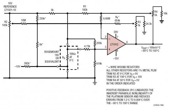 Kelvin-Sensed Temperature Sensor Amplifier for  C50C to 150C Platinum RTD from 10V Refrence