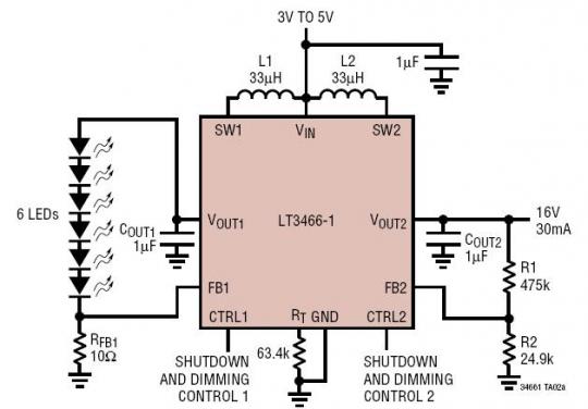 Li-Ion Powered Driver For 6 White LEDs and OLED Display