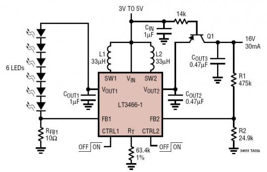 Li-Ion Powered Driver For 6 White LEDSs and OLED With Output Disconnect