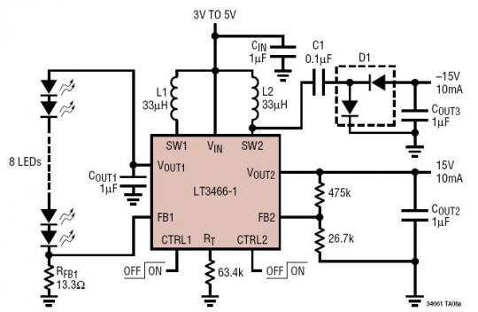 Li-Ion to 8 White LEDs and +/-15V TFT LCD Bias Supply