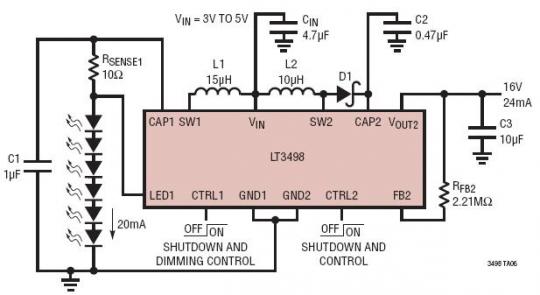 Li-Ion to Six White LEDs and OLED/LCD Bias