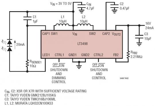 Li-Ion to Two White LEDs and OLED/LCD Bias