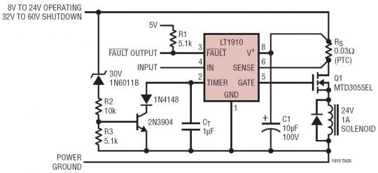 Protected 1A Automotive Solenoid Driver with Overvoltage Shutdown