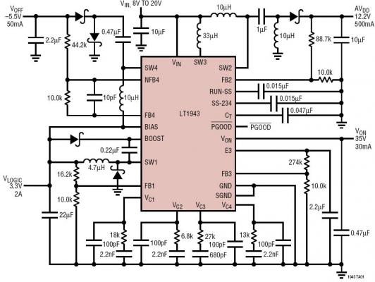 Quad Output TFT-LCD Power Supply: 12.2V@500mA, 3.3V@2A, 35V@30mA, -5.5V@50mA