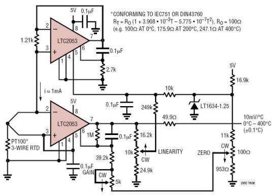 Single 5V Supply Linearized 0C to 400C Platinum RTD Amplifier