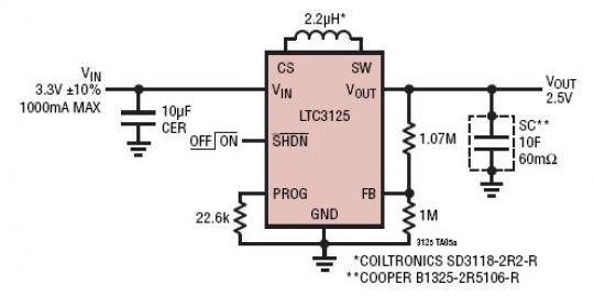 Single Supercap Charger from 3.3V Input to 2.5V Output