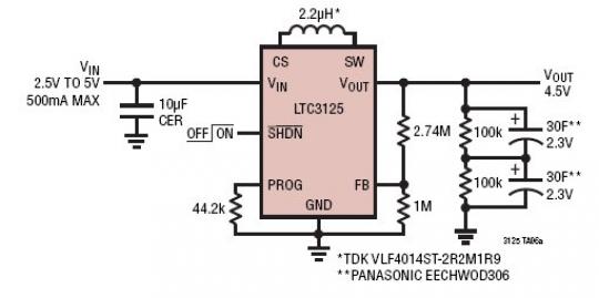 Stacked Supercap Charger from 2.5V to 5V Input to 4.5V Output