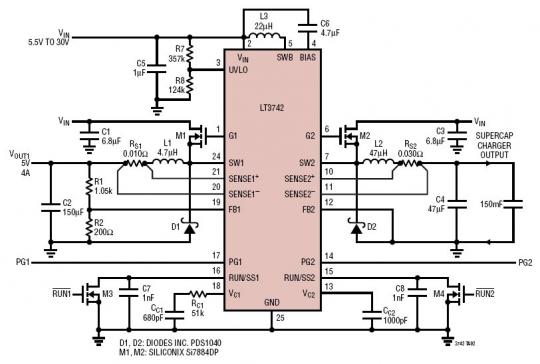 Supercap Charger Plus a 5V at 4A DC/DC Buck Converter from 5.5V to 30V Input