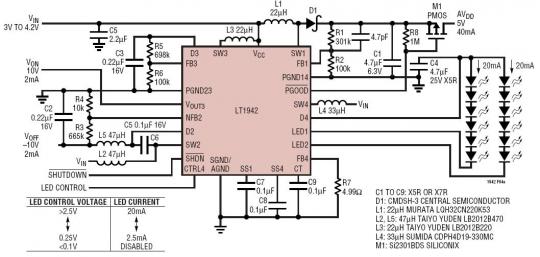 TFT Bias (5V@40mA, 10V@2mA, -10V@2mA) and White LED Backlight Supply From Single Li-Ion Cell