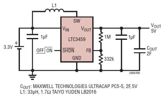 Two-farad, 5V SuperCap charger from a 3.3V input