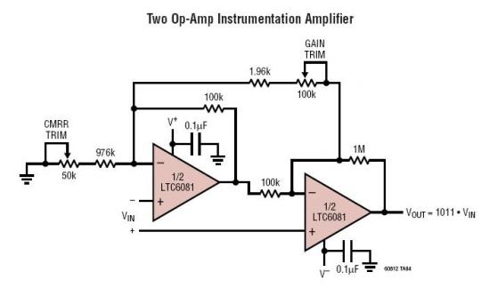 Two Op Amp Instrumentation Amplifier