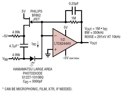 Very Low Noise Large Area Photodiode Amplifier